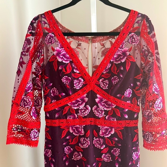 MARCHESA NOTTE Wine Floral Lace  Mesh Embroidered  Gown Red Pink Purple Size 8 - Picture 7 of 11